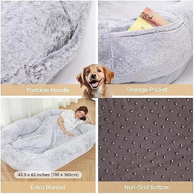 Alt view image 4 of 6 - Cttasty Human Dog Bed, Human Sized Dog Bed 70.9 x 53.15 x 13.78, Large Bean Bag Bed with Blankets, Adult Nap Bed, Human Dog Bed for People Adults, Grey
