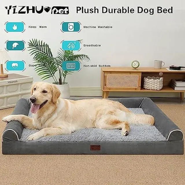 Alt view image 2 of 6 - Dog Beds for Large Dog Orthopedic Dog Bed for Large Dogs Egg Foam Sofa Dog Bed with Waterproof Lining Large Dog Bed with Removable Washable Cover Nonskid Bottom Dog Crate Bed,XL 42x30x7.5Inch, Grey