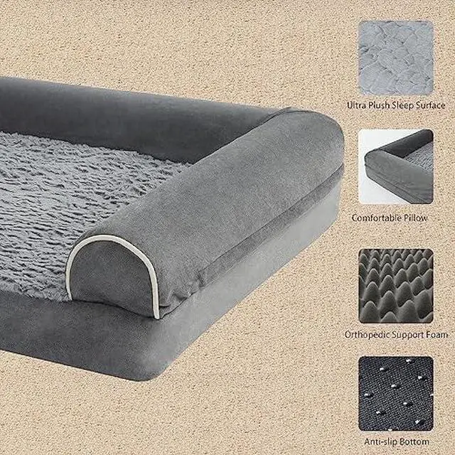 Alt view image 3 of 6 - Dog Beds for Large Dog Orthopedic Dog Bed for Large Dogs Egg Foam Sofa Dog Bed with Waterproof Lining Large Dog Bed with Removable Washable Cover Nonskid Bottom Dog Crate Bed,XL 42x30x7.5Inch, Grey