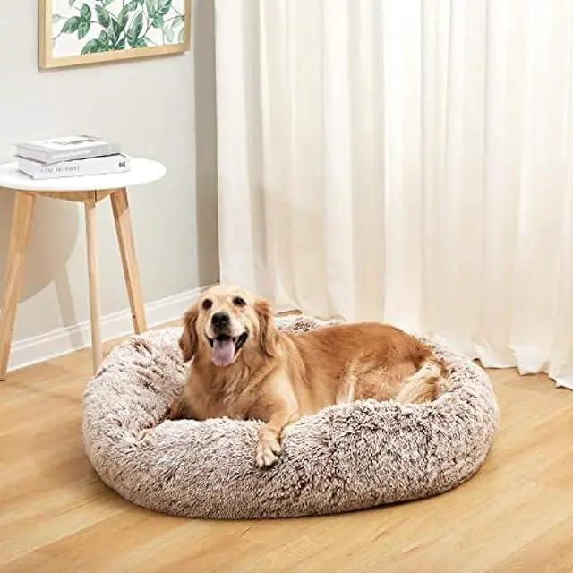 Alt view image 2 of 6 - Bedfolks Calming Donut Dog Bed, 36 Inches Round Fluffy Dog Beds for Large Dogs, Anti-Anxiety Plush Dog Bed, Machine Washable Pet Bed (Brown, Large)