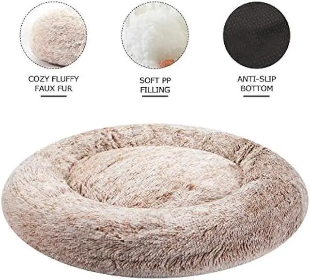 Alt view image 3 of 6 - Bedfolks Calming Donut Dog Bed, 36 Inches Round Fluffy Dog Beds for Large Dogs, Anti-Anxiety Plush Dog Bed, Machine Washable Pet Bed (Brown, Large)