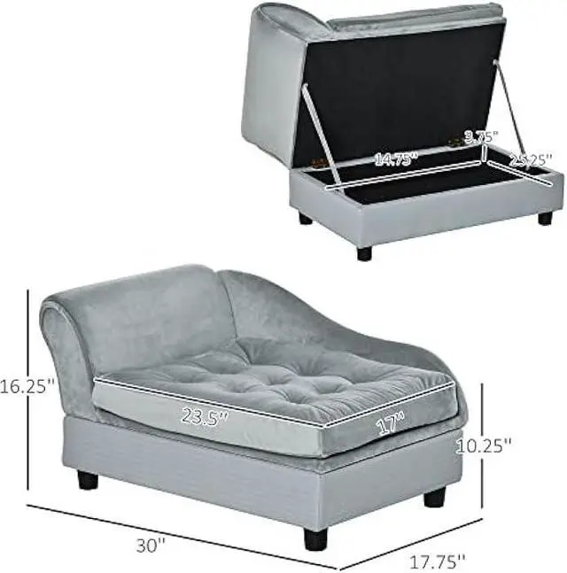 Alt view image 3 of 7 - PawHut Luxury Fancy Dog Bed for Small Dogs with Hidden Storage, Small Dog Couch with Soft 3 Foam, Dog Sofa Bed, Cushy Dog Bed, Modern Pet Furniture for Puppies and Little Breeds, Gray