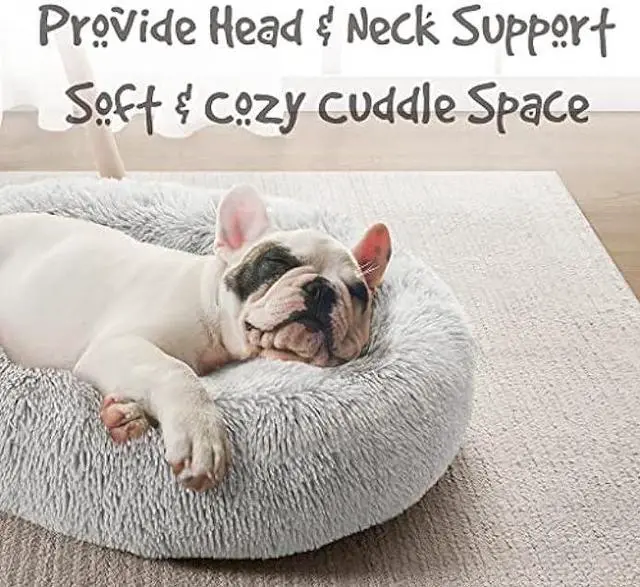 Alt view image 2 of 7 - Friends Forever Donut Dog Bed Faux Fur Fluffy Calming Sofa For Small Dogs, Soft & Plush Anti Anxiety Pet Couch For Dogs, Machine Washable Coco Pet Bed with Non-Slip Bottom, 23x23x6 Grey