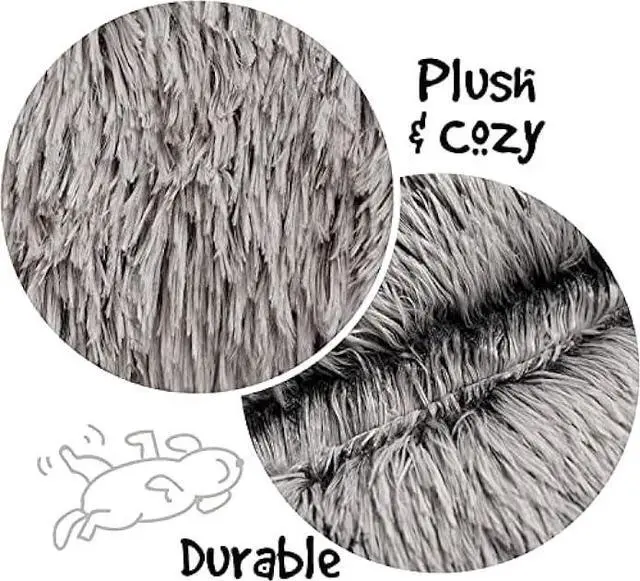 Alt view image 3 of 7 - Friends Forever Donut Dog Bed Faux Fur Fluffy Calming Sofa For Small Dogs, Soft & Plush Anti Anxiety Pet Couch For Dogs, Machine Washable Coco Pet Bed with Non-Slip Bottom, 23x23x6 Grey