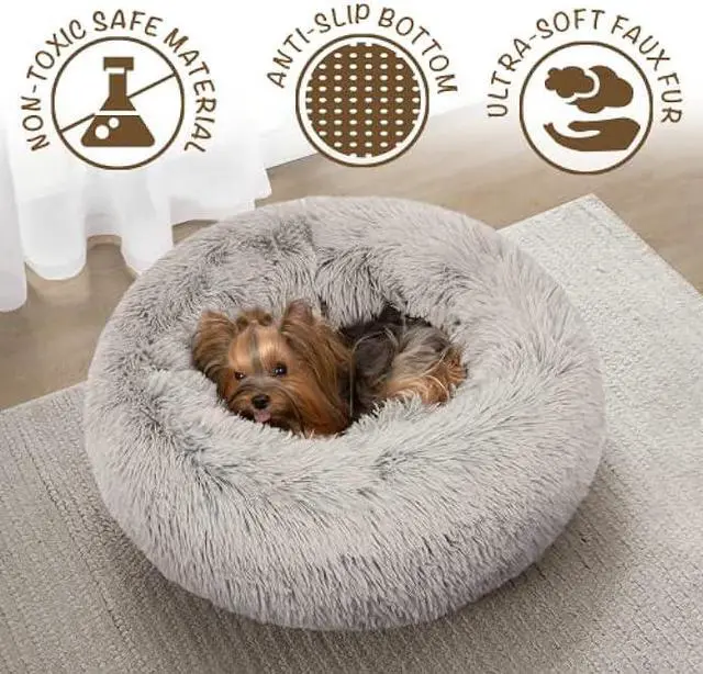 Alt view image 4 of 7 - Friends Forever Donut Dog Bed Faux Fur Fluffy Calming Sofa For Small Dogs, Soft & Plush Anti Anxiety Pet Couch For Dogs, Machine Washable Coco Pet Bed with Non-Slip Bottom, 23x23x6 Grey