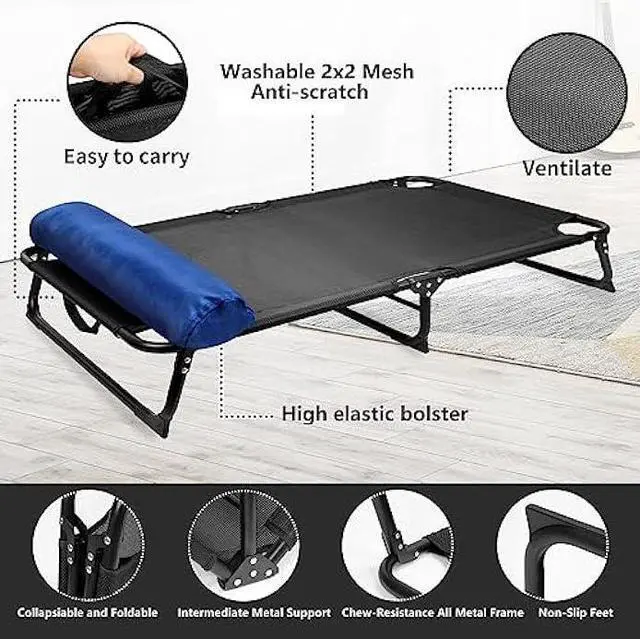 Alt view image 6 of 6 - CAREDPETS Elevated Dog Cots Bed Raised w/Bolster for Large XL XXL Jumbo Dogs, Portable Foldable Chew-Resistance Cooling Mesh Indoor & Outdoor Camping Pet Hammock, No Assembly Needed, Black 54x30x8