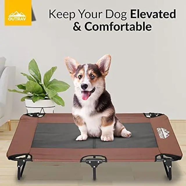 Alt view image 2 of 7 - Elevated Dog Cot with Steel Frame - Foldable Raised Play and Rest Bed for Dogs and Cats - Heavy Duty Strong Material Dog Bed - Pet Cot with Bonus Storage Bag (Large 42 x 24 x 8, Brown)