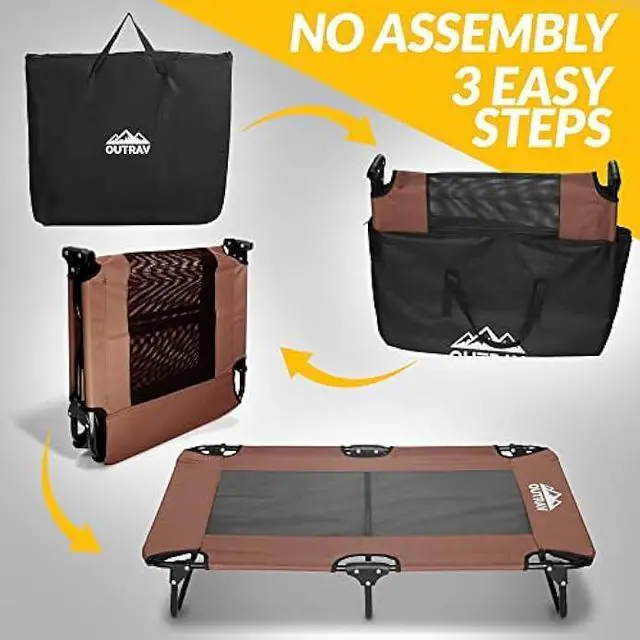 Alt view image 3 of 7 - Elevated Dog Cot with Steel Frame - Foldable Raised Play and Rest Bed for Dogs and Cats - Heavy Duty Strong Material Dog Bed - Pet Cot with Bonus Storage Bag (Large 42 x 24 x 8, Brown)