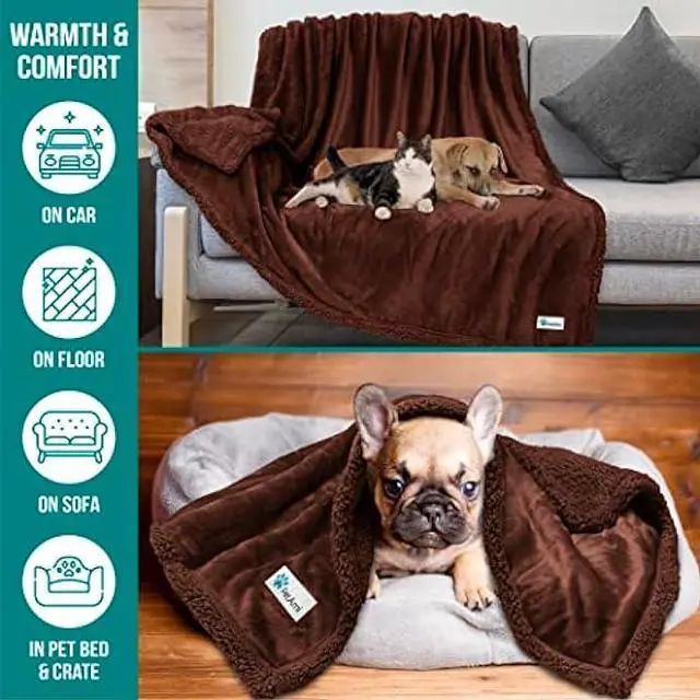 Alt view image 2 of 7 - PetAmi Waterproof Dog Blanket for Bed, XL Dog Pet Blanket Couch Cover Protector, Sherpa Fleece Leakproof Blanket for Crate Kennel Sofa Furniture Queen Bed Protection Reversible Soft 90x90 Brown Brown