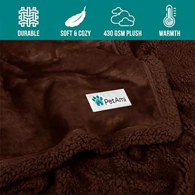 Alt view image 3 of 7 - PetAmi Waterproof Dog Blanket for Bed, XL Dog Pet Blanket Couch Cover Protector, Sherpa Fleece Leakproof Blanket for Crate Kennel Sofa Furniture Queen Bed Protection Reversible Soft 90x90 Brown Brown
