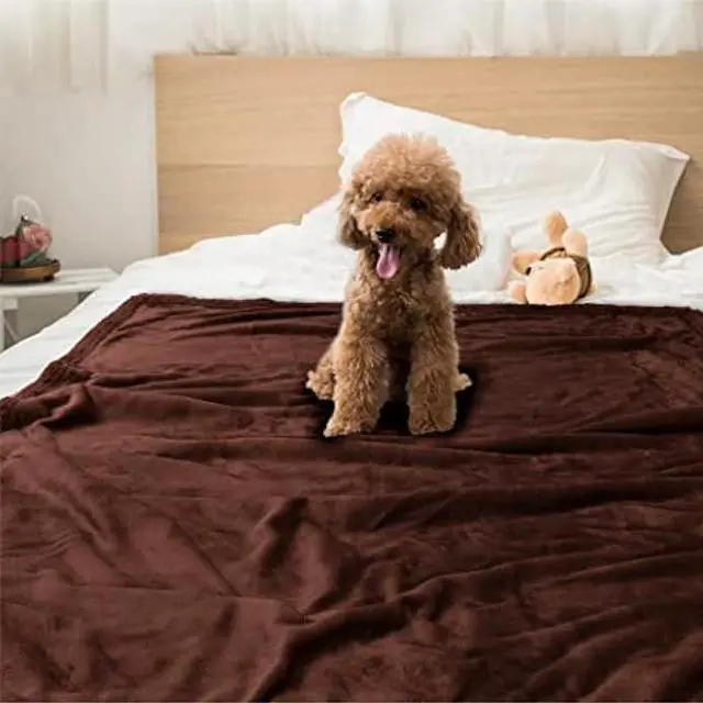 Alt view image 6 of 7 - PetAmi Waterproof Dog Blanket for Bed, XL Dog Pet Blanket Couch Cover Protector, Sherpa Fleece Leakproof Blanket for Crate Kennel Sofa Furniture Queen Bed Protection Reversible Soft 90x90 Brown Brown