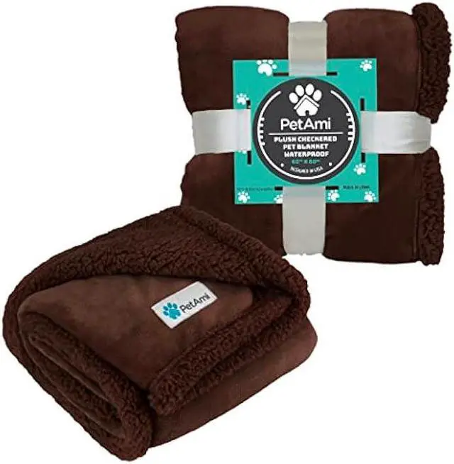 Alt view image 7 of 7 - PetAmi Waterproof Dog Blanket for Bed, XL Dog Pet Blanket Couch Cover Protector, Sherpa Fleece Leakproof Blanket for Crate Kennel Sofa Furniture Queen Bed Protection Reversible Soft 90x90 Brown Brown