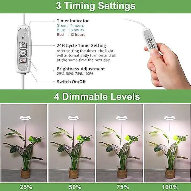 Alt view image 5 of 6 - LBW Grow Lights for Indoor Plants, 72 LEDs Full Spectrum Plant Light, Large Plant Lamp with 4 Dimmible Levels, 4/8/12H Auto On/Off Timer, Height Adjustable, Halo Growing Lamp for Tall Plants2 Pack