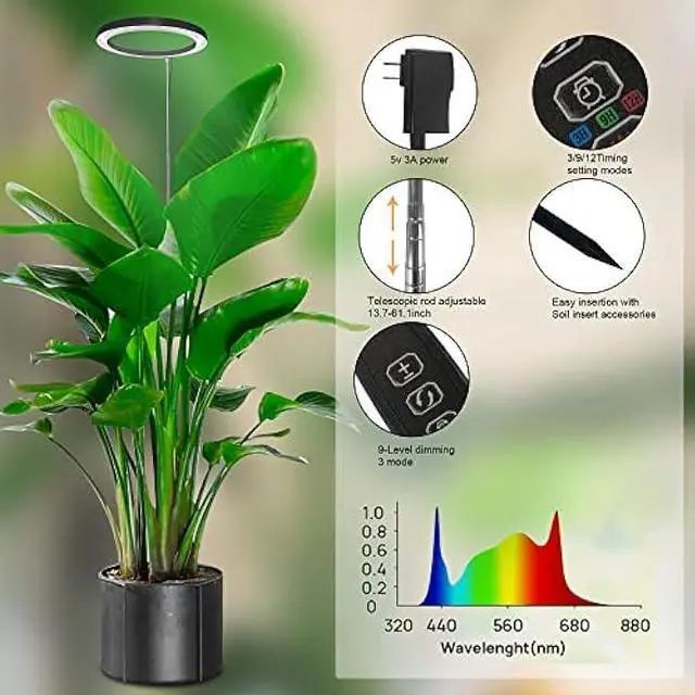 Alt view image 4 of 7 - 10 LED Ring Grow Lights for Indoor Plants, 160LEDs 6000K Full Spectrum Large Plant Light for Indoor Plants, Height Adjustable Growing Lamp with Auto On/Off Timer 3/9/12H, 9 Dimmable Brightness