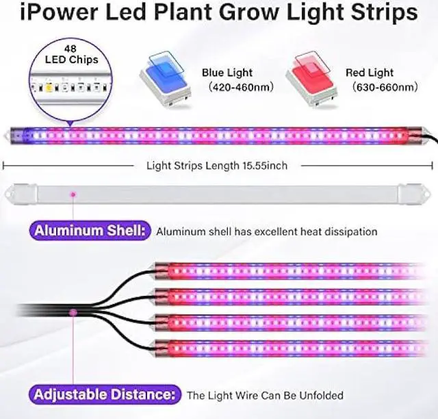 Alt view image 2 of 6 - iPower 60W LED Plant Grow Light Strips Full Spectrum for Indoor Plants with Auto ON/Off 3/9/12H Timer, 10 Dimmable Levels 48 LEDs, Sunlike Grow Lamp for Hydroponics Succulent, 4 Tubes, Red&Blue