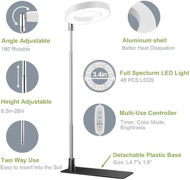 Alt view image 2 of 6 - Kullsinss Grow Lights for Indoor Plants, Full Spectrum Halo Growing lamp with Detachable Base, Height Adjustable, 3 Colors, 10 Dimming, Automatic Timer, Plant Light for Small Plants Growing, 2-Pack