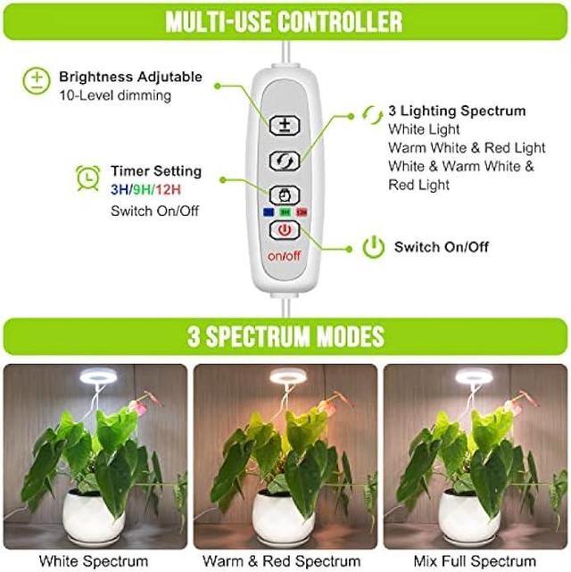 Alt view image 3 of 6 - Kullsinss Grow Lights for Indoor Plants, Full Spectrum Halo Growing lamp with Detachable Base, Height Adjustable, 3 Colors, 10 Dimming, Automatic Timer, Plant Light for Small Plants Growing, 2-Pack