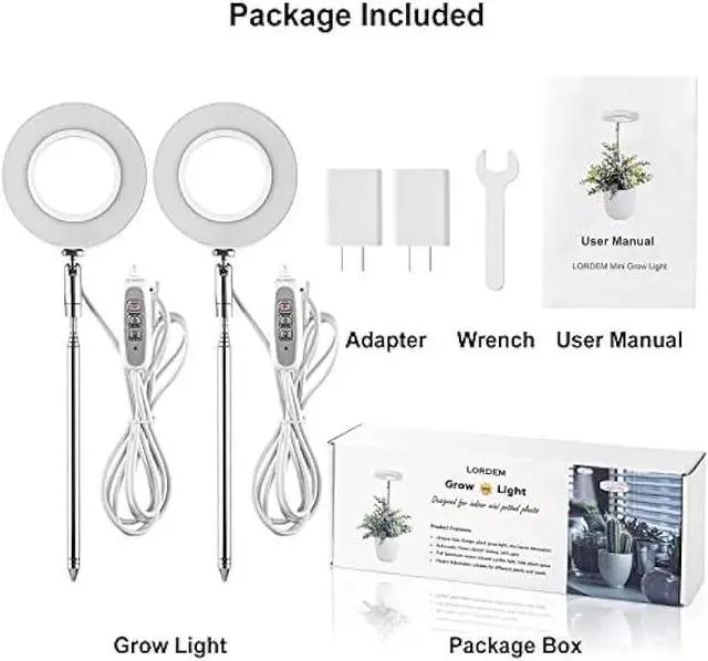 Alt view image 6 of 6 - LORDEM Grow Light, Full Spectrum LED Plant Light for Indoor Plants, Height Adjustable Growing Lamp with Auto On/Off Timer 4/8/12H, 4 Dimmable Brightness, Ideal for Small Plants, 2 Packs