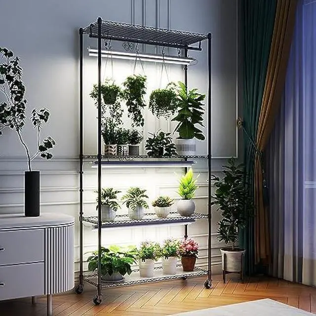 Alt view image 2 of 7 - Barrina Plant Stand with Grow Light, 3FT T5 5000K 36W 3 Packs LED Full Spectrum Indoor DIY Plant Shelf with Grow Lights Flower Pot Stand Display Rack, 4-Tier 35.4x13.8x70.9, Wheel, Built-in Timer