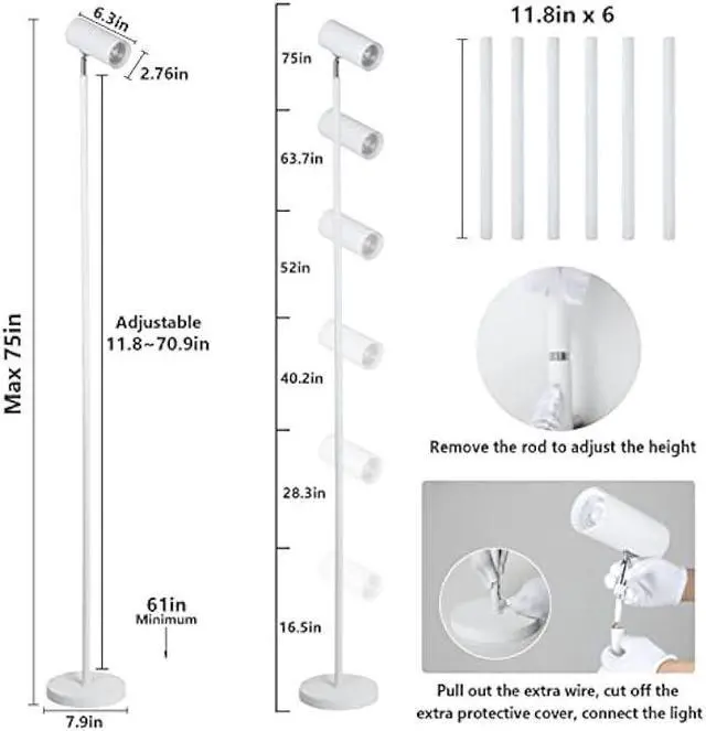Alt view image 6 of 6 - HMVPL White Grow Lights for Indoor Plants Full Spectrum,Tall Plant Light for Indoor Growing with 20W COB Plant Light Bulb,4/8/12H Timer,Led Growth Floor Lamp for Large Plant Seedling(6 Level Height)