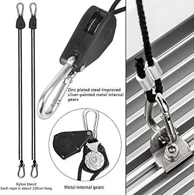 Alt view image 2 of 7 - 8 Pairs 1/8 Heavy Duty Ratchet Hangers, Adjustable Rope Hangers, Grow Light Rope Hangers for Grow Plant Fan Filter Light Room Equipment, 150 LB Capacity per Pair