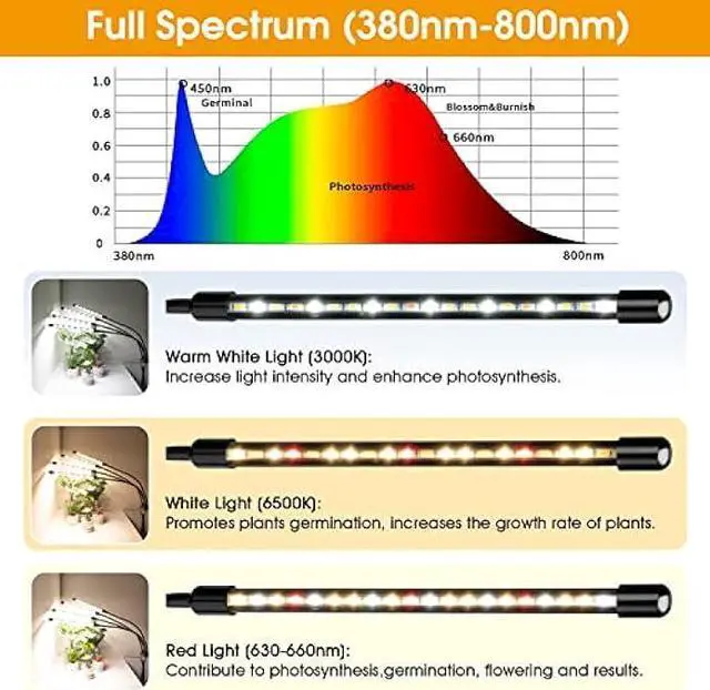 Alt view image 2 of 6 - Wolezek Grow Lights for Indoor Plants, 4-Head Full Spectrum LED Grow Light with Adjustable Tripod Stand 15-61 inches for Seed Starting, 3500K 6500K 660nm White Red Floor Plant Lamp with 4/8/12H Timer