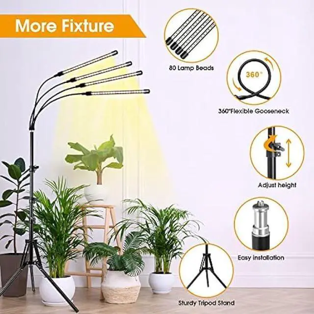 Alt view image 5 of 6 - Wolezek Grow Lights for Indoor Plants, 4-Head Full Spectrum LED Grow Light with Adjustable Tripod Stand 15-61 inches for Seed Starting, 3500K 6500K 660nm White Red Floor Plant Lamp with 4/8/12H Timer
