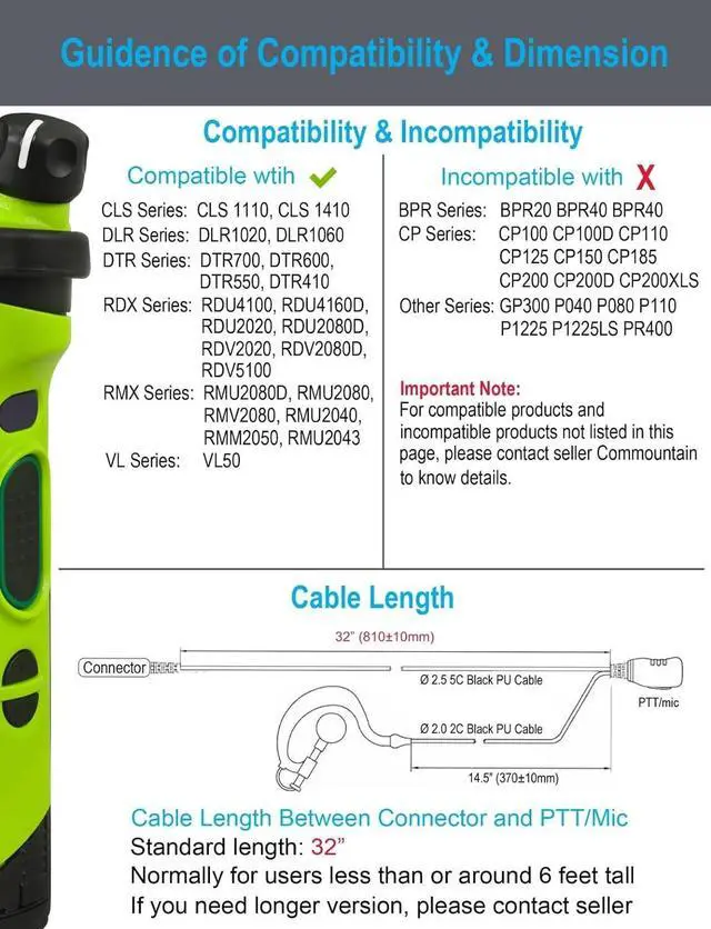 Alt view image 7 of 7 - commountain CLS1410 CLS1110 Earpiece with PTT/Mic for Motorola Walkie Talkies Radios DTR550 DTR700 RDU4100 RDU4160D RMU2040 RMU2080D RMU2080 DLR1020, CLS 1410 CLS 1110, G Shape Headset, 2 Pin