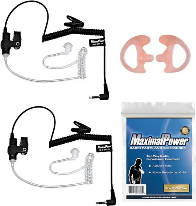 Main image of MaximalPower 2-Pack 3.5mm Listen Only Acoustic Tube Earpiece with One Pair Medium Earmolds for Two-Way Radios | Compatible with Motorola, Vertex, Hytera Radios for Surveillance, Police, Security