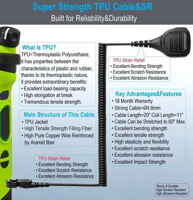 Alt view image 3 of 6 - commountain Speaker Mic with Reinforced Cable for Motorola Radios XPR 3500e, XPR 3300e, XPR 3500, XPR 3300, XPR3500e, XPR3300e, XPR3500, XPR3300, XPR Noise Reduction Shoulder Microphone
