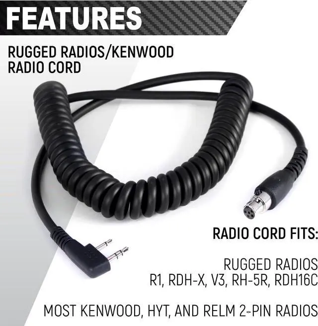 Alt view image 6 of 6 - Rugged Carbon Fiber Behind The Head Headset and Adaptor Cable for Racing Radios Electronics Communications Kenwood & Baofeng  Features 2-Pin to 5-Pin Coil Cord Volume Control Knob 3.5mm Input Jack