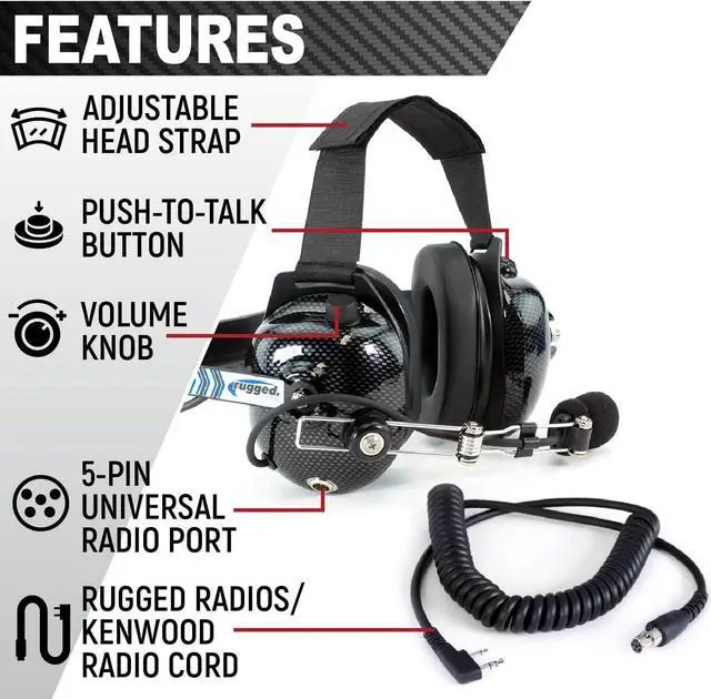 Alt view image 2 of 6 - Rugged Carbon Fiber Behind The Head Headset and Adaptor Cable for Racing Radios Electronics Communications Kenwood & Baofeng  Features 2-Pin to 5-Pin Coil Cord Volume Control Knob 3.5mm Input Jack