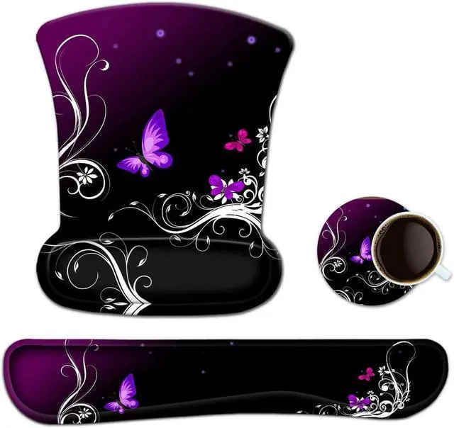 Main image of ToLuLu Keyboard Wrist Rest Pad Ergonomic Mouse Pad Set, Mouse Pad for Computer Laptop, Non Slip Mousepad Keyboard Wrist Support with Raised Memory Foam for Easy Typing Pain Relief, Purple Butterfly