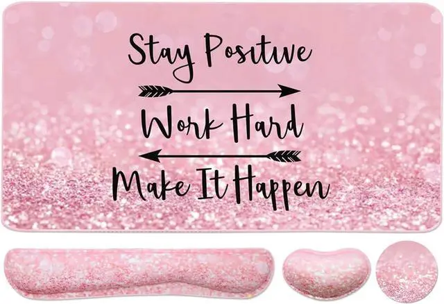 Main image of Keyboard Mouse Pad Set, Extended Mouse Pad+Keyboard Wrist Rest Support, Memory Foam Ergonomic Easy Typing, 3Pcs (35.4×15.7 in) Desk Pad Set for Home Office Study Game - Pink Stay Positive