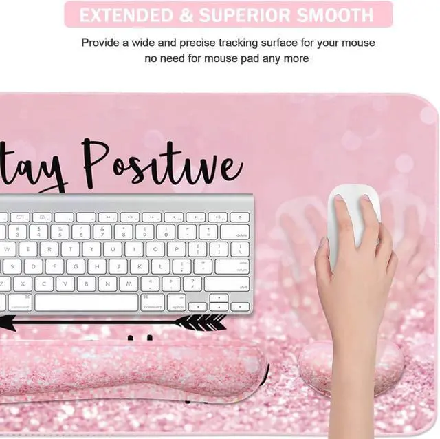 Alt view image 3 of 7 - Keyboard Mouse Pad Set, Extended Mouse Pad+Keyboard Wrist Rest Support, Memory Foam Ergonomic Easy Typing, 3Pcs (35.4×15.7 in) Desk Pad Set for Home Office Study Game - Pink Stay Positive
