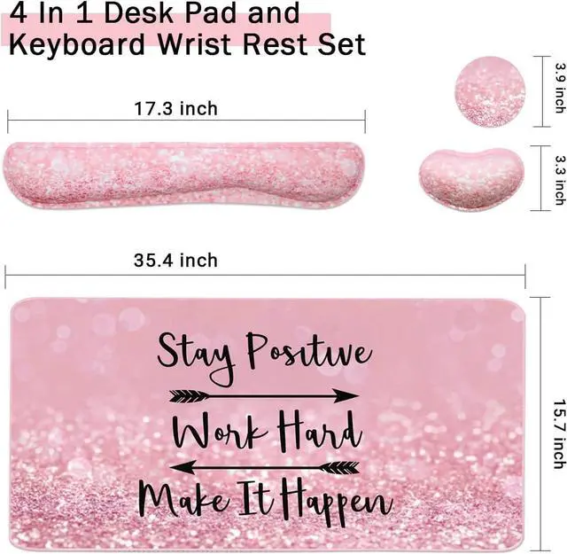 Alt view image 4 of 7 - Keyboard Mouse Pad Set, Extended Mouse Pad+Keyboard Wrist Rest Support, Memory Foam Ergonomic Easy Typing, 3Pcs (35.4×15.7 in) Desk Pad Set for Home Office Study Game - Pink Stay Positive