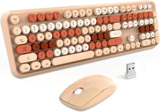Main image of Brown Wireless Keyboard Mouse Combo, 2.4GHz Wireless Typewriter Keyboard with 104 Round Keys,Letton Wireless Retro Full Size Colorful Keyboard and Cute Mouse with 3 DPI for PC Laptop Desktop