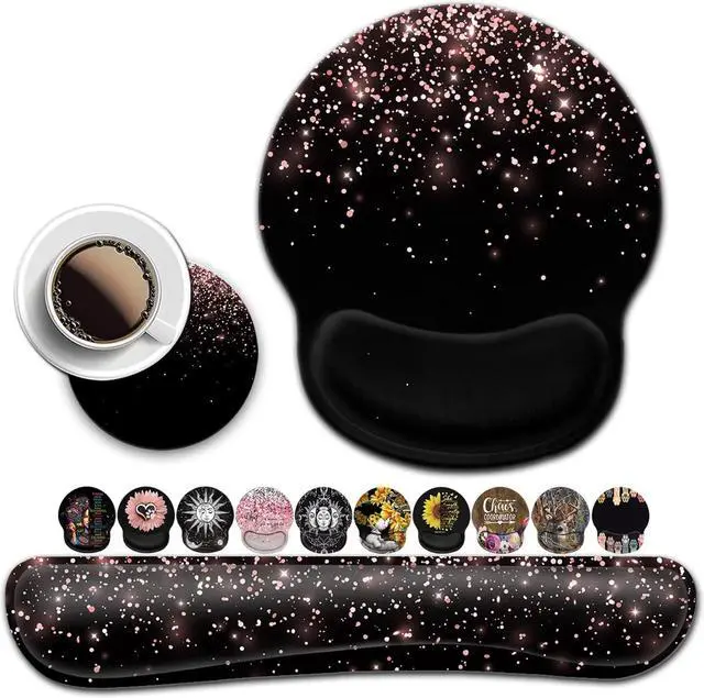 Main image of Mouse Pad with Wrist Support, Ergonomic Gel Mouse Pad, Soft Memory Foam Keyboard Wrist Rest, Black Mouse Pad, Dirt-Resistant Suitable for Office Typing, Games, Beautiful Rose Gold Glitter Pattern