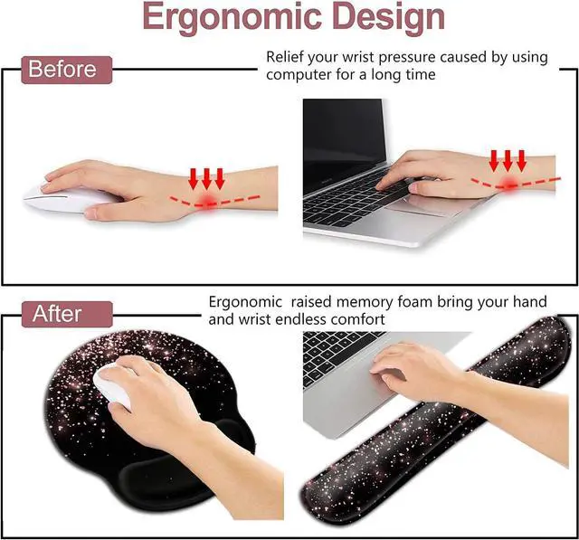 Alt view image 4 of 7 - Mouse Pad with Wrist Support, Ergonomic Gel Mouse Pad, Soft Memory Foam Keyboard Wrist Rest, Black Mouse Pad, Dirt-Resistant Suitable for Office Typing, Games, Beautiful Rose Gold Glitter Pattern