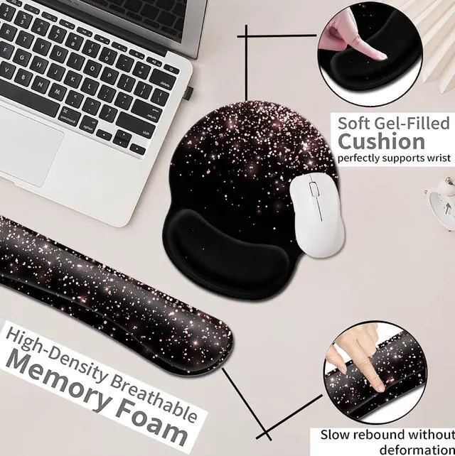 Alt view image 6 of 7 - Mouse Pad with Wrist Support, Ergonomic Gel Mouse Pad, Soft Memory Foam Keyboard Wrist Rest, Black Mouse Pad, Dirt-Resistant Suitable for Office Typing, Games, Beautiful Rose Gold Glitter Pattern