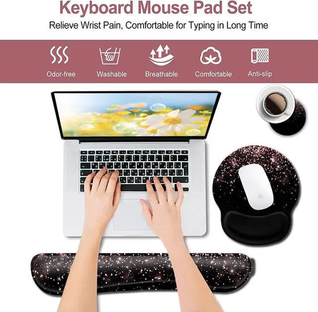 Alt view image 3 of 7 - Mouse Pad with Wrist Support, Ergonomic Gel Mouse Pad, Soft Memory Foam Keyboard Wrist Rest, Black Mouse Pad, Dirt-Resistant Suitable for Office Typing, Games, Beautiful Rose Gold Glitter Pattern
