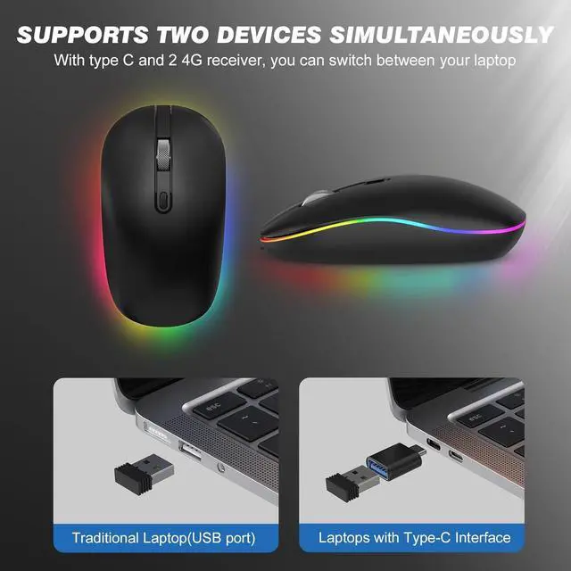 Alt view image 3 of 7 - LED Wireless Mouse with Type-c Charging Port, 2.4G Rechargeable Slim Silent Mouse with USB & Type-c Receiver, 3 Adjustable DPI for Laptop, Deskbtop, MacBook, PC (Matte Black)