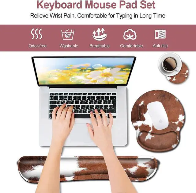 Alt view image 3 of 7 - Keyboard Wrist Rest and Mouse Pad with Wrist Support Ergonomic Mousepad Coaster, Easy Typing Pain Relief Keyboard Set, Memory Foam Keyboard Wrist Rest,Cowhide Farm Animal Skin Leopard Brown Cow