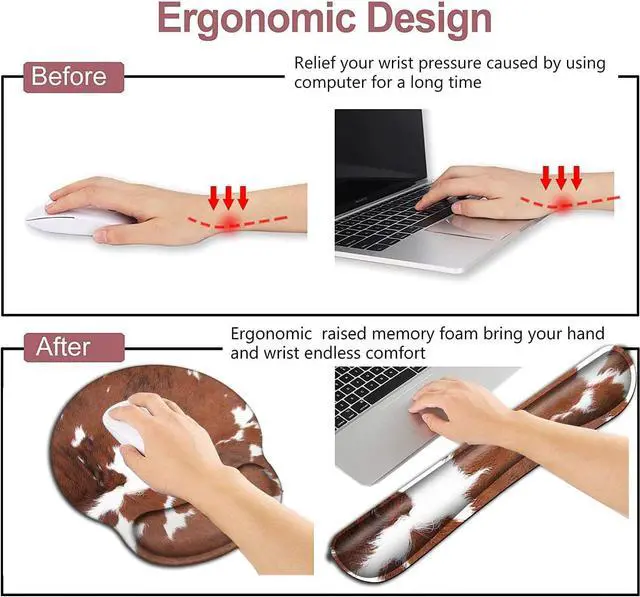 Alt view image 4 of 7 - Keyboard Wrist Rest and Mouse Pad with Wrist Support Ergonomic Mousepad Coaster, Easy Typing Pain Relief Keyboard Set, Memory Foam Keyboard Wrist Rest,Cowhide Farm Animal Skin Leopard Brown Cow