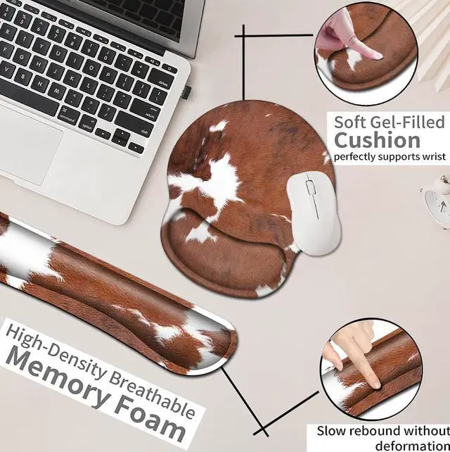 Alt view image 6 of 7 - Keyboard Wrist Rest and Mouse Pad with Wrist Support Ergonomic Mousepad Coaster, Easy Typing Pain Relief Keyboard Set, Memory Foam Keyboard Wrist Rest,Cowhide Farm Animal Skin Leopard Brown Cow