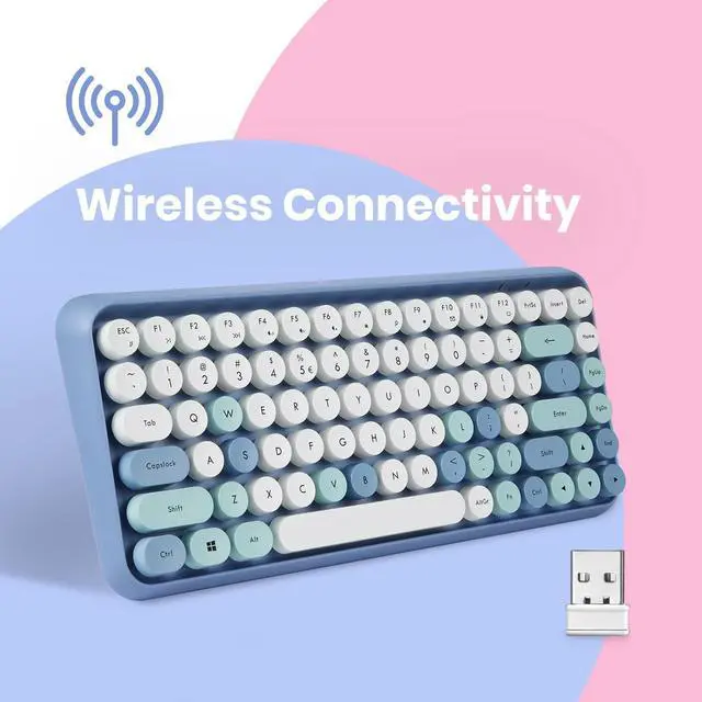 Alt view image 4 of 7 - Perixx PERIDUO-713BL Wireless Mini Keyboard and Mouse Combo - Retro Round Key Caps - Pastel Blue - US English Layout (11909)