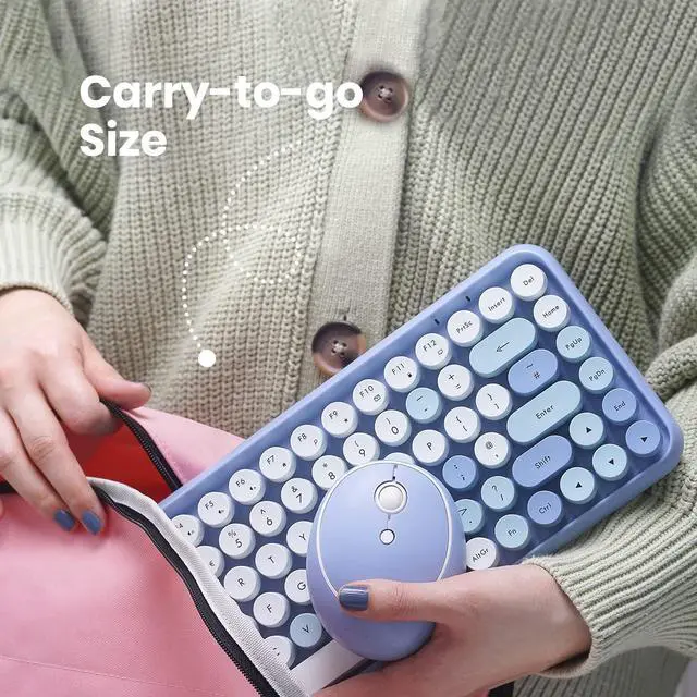 Alt view image 6 of 7 - Perixx PERIDUO-713BL Wireless Mini Keyboard and Mouse Combo - Retro Round Key Caps - Pastel Blue - US English Layout (11909)