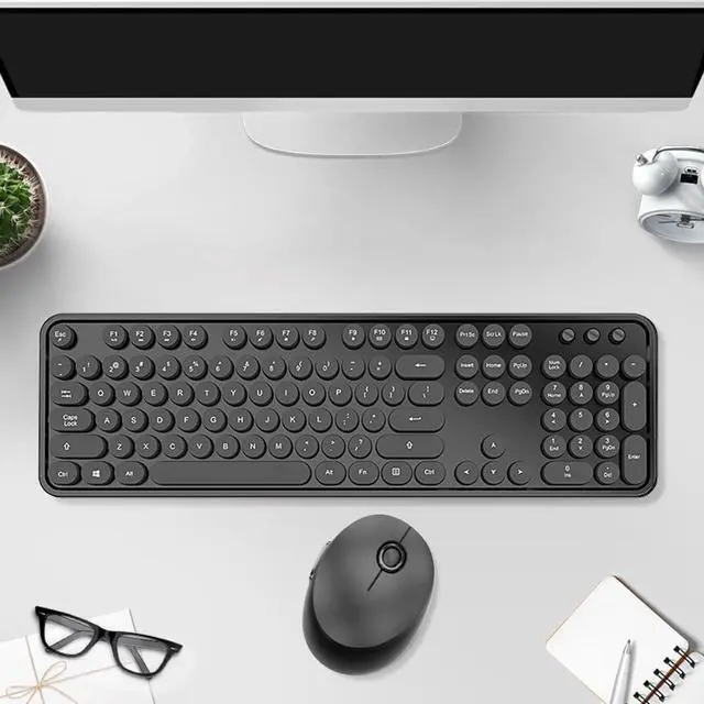 Alt view image 6 of 7 - Wireless Keyboard and Mouse Combo, Retro Style Keyboard with Round Keycaps, 2.4GHz Dropout-Free Connection Mouse with 3 Adjustable DPI for Windows Notebook PC (Black)