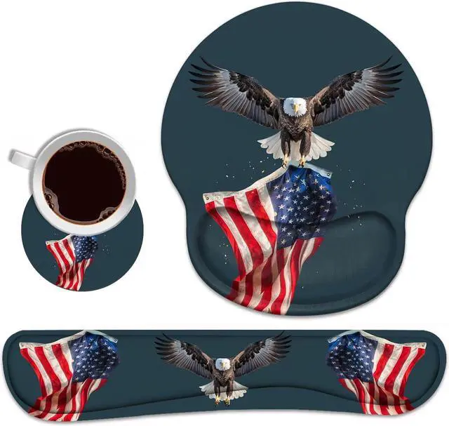 Main image of Keyboard Wrist Rest and Mouse Pad Wrist Rest Support Set with Coasters, Non-Slip PU Base for Gaming and Office, Comfortable & Lightweight for Easy Typing & Pain Relief, American Flag Patriotic Eagle