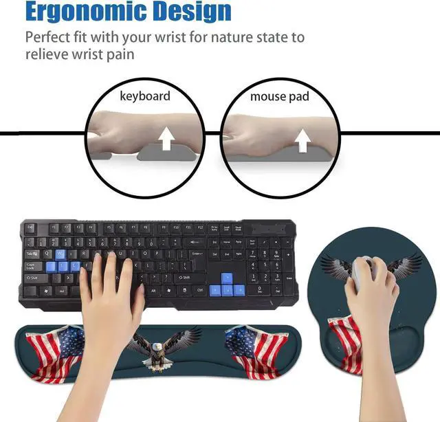 Alt view image 6 of 7 - Keyboard Wrist Rest and Mouse Pad Wrist Rest Support Set with Coasters, Non-Slip PU Base for Gaming and Office, Comfortable & Lightweight for Easy Typing & Pain Relief, American Flag Patriotic Eagle